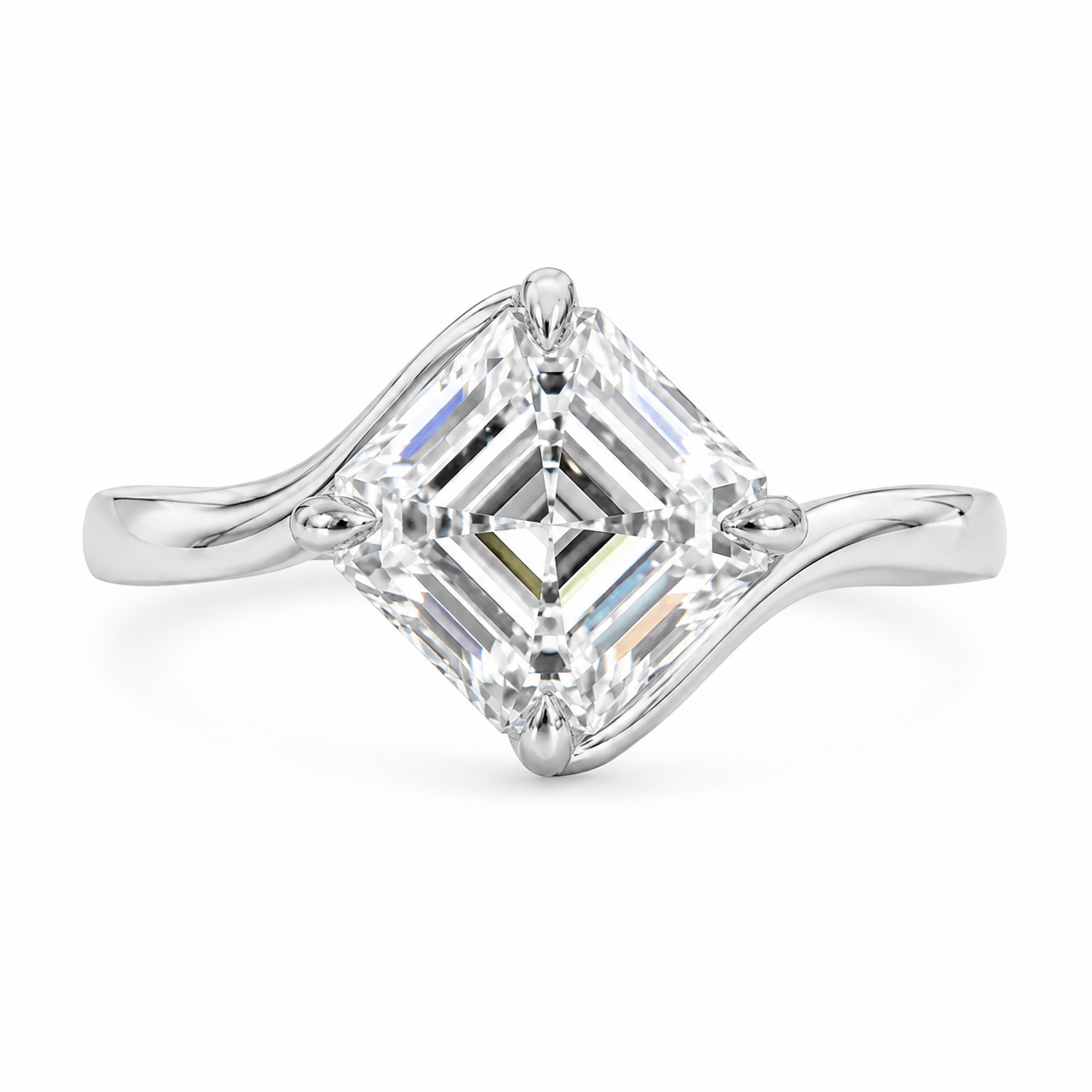 2.00 CT Asscher Cut Lab-Grown Diamond Solitaire Engagement Ring in 14K White Gold – Modern Curved Band Design | IGI Certified