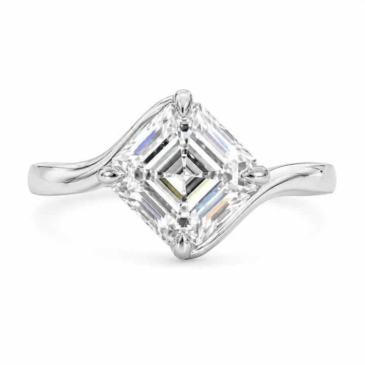 2.00 CT Asscher Cut Lab-Grown Diamond Solitaire Engagement Ring in White Gold – Modern Curved Band Design | IGI Certified
