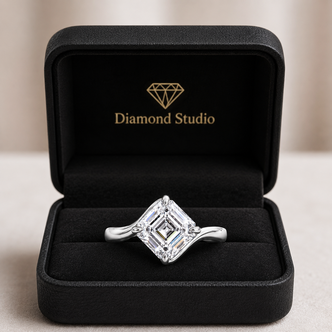 2.00 CT Asscher Cut Lab-Grown Diamond Solitaire Engagement Ring in 14K White Gold – Modern Curved Band Design | IGI Certified