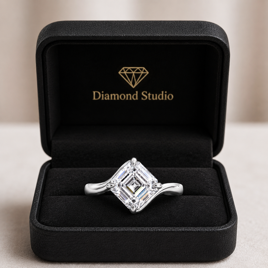 2.00 CT Asscher Cut Lab-Grown Diamond Solitaire Engagement Ring in 14K White Gold – Modern Curved Band Design | IGI Certified