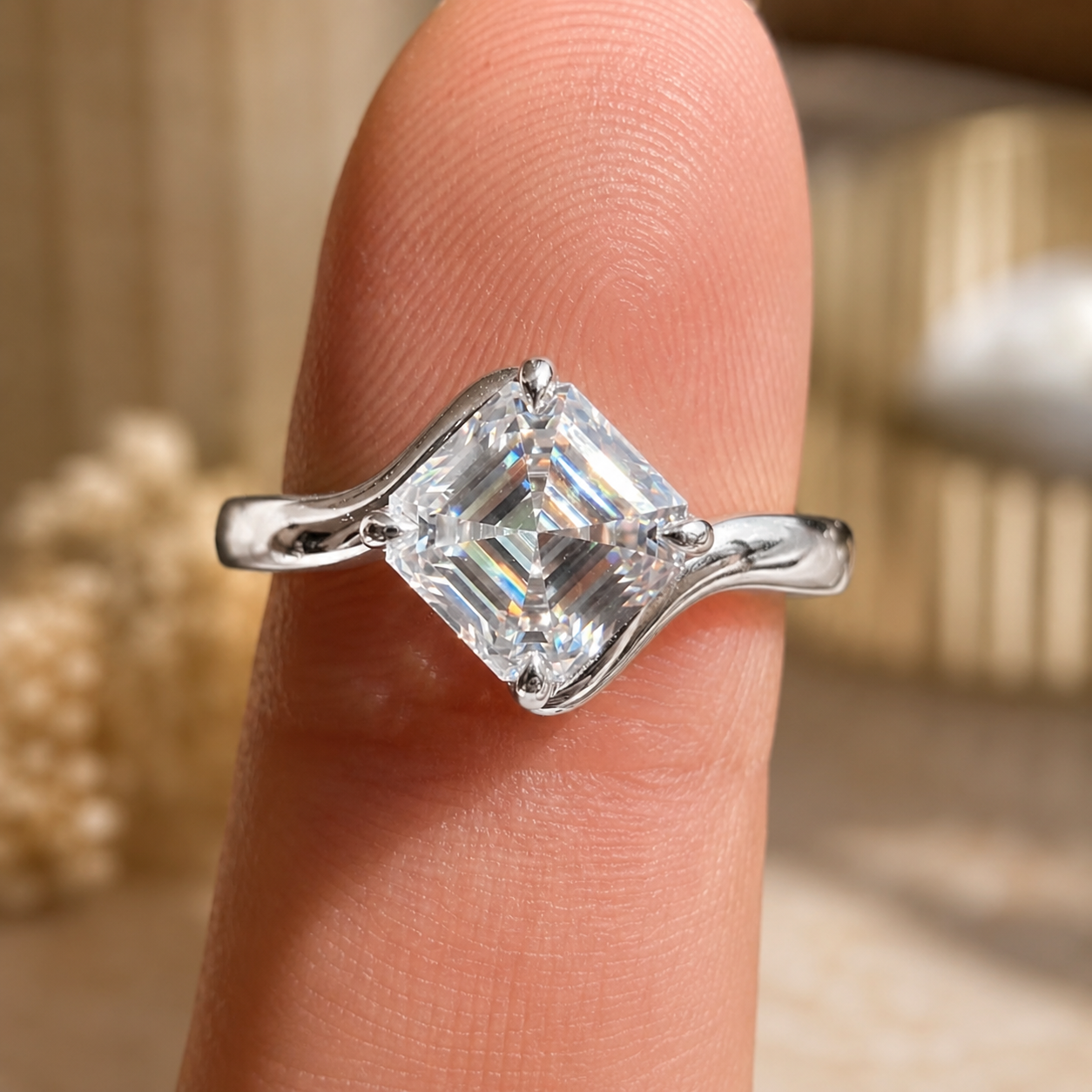 2.00 CT Asscher Cut Lab-Grown Diamond Solitaire Engagement Ring in 14K White Gold – Modern Curved Band Design | IGI Certified