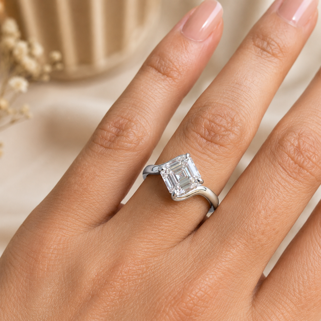 2.00 CT Asscher Cut Lab-Grown Diamond Solitaire Engagement Ring in 14K White Gold – Modern Curved Band Design | IGI Certified