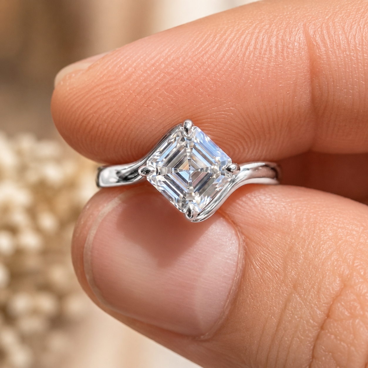 2.00 CT Asscher Cut Lab-Grown Diamond Solitaire Engagement Ring in 14K White Gold – Modern Curved Band Design | IGI Certified