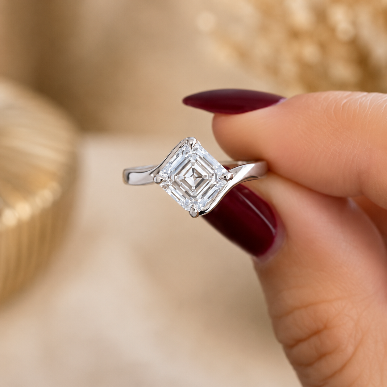 2.00 CT Asscher Cut Lab-Grown Diamond Solitaire Engagement Ring in 14K White Gold – Modern Curved Band Design | IGI Certified