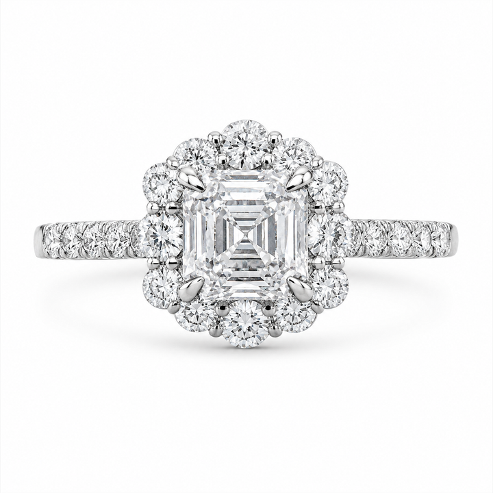 3.00 CT Asscher Cut Lab-Grown Diamond Halo Engagement Ring in White Gold – Conflict-Free Luxury Design