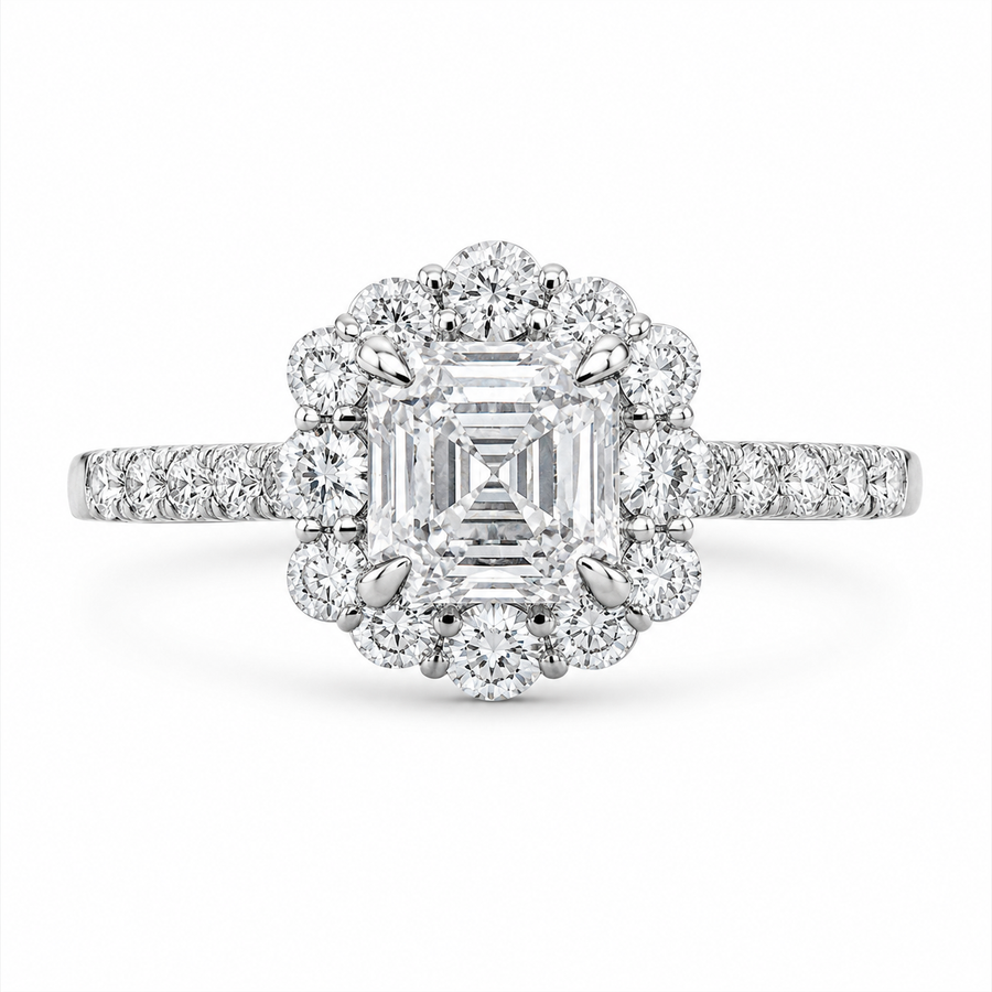 3.00 CT Asscher Cut Lab-Grown Diamond Halo Engagement Ring in 14K White Gold – Conflict-Free Luxury Design