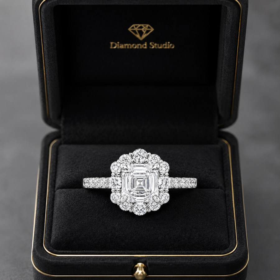 3.00 CT Asscher Cut Lab-Grown Diamond Halo Engagement Ring in 14K White Gold – Conflict-Free Luxury Design