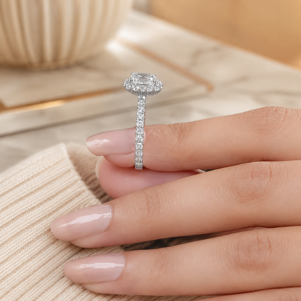 3.00 CT Asscher Cut Lab-Grown Diamond Halo Engagement Ring in 14K White Gold – Conflict-Free Luxury Design