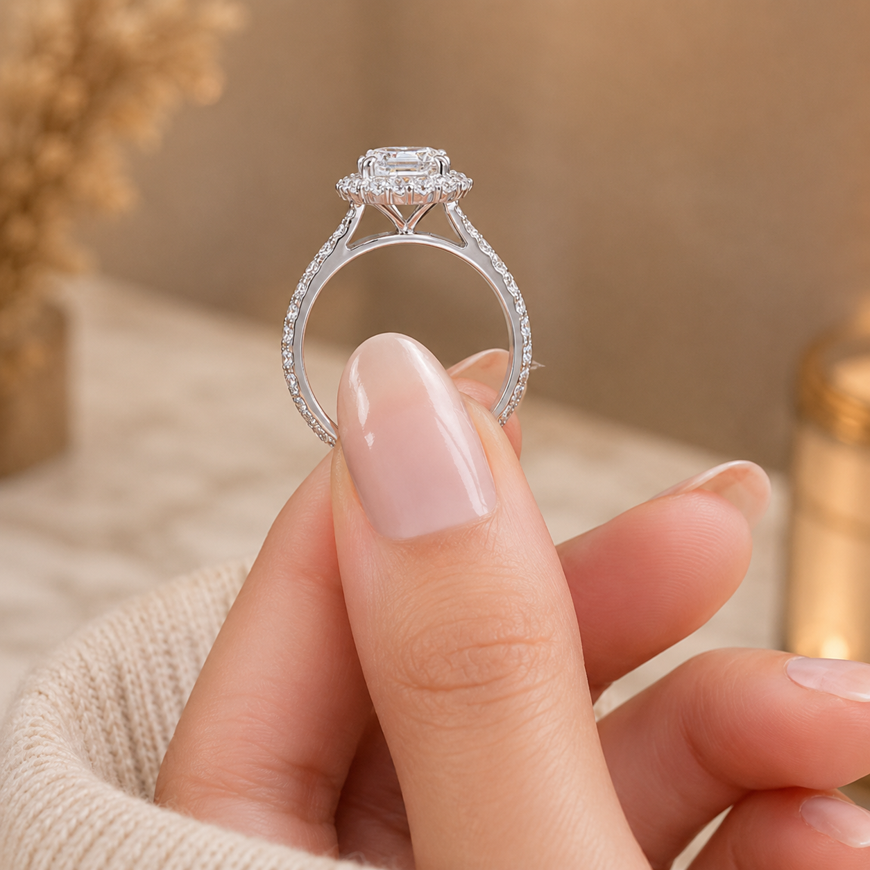 3.00 CT Asscher Cut Lab-Grown Diamond Halo Engagement Ring in 14K White Gold – Conflict-Free Luxury Design