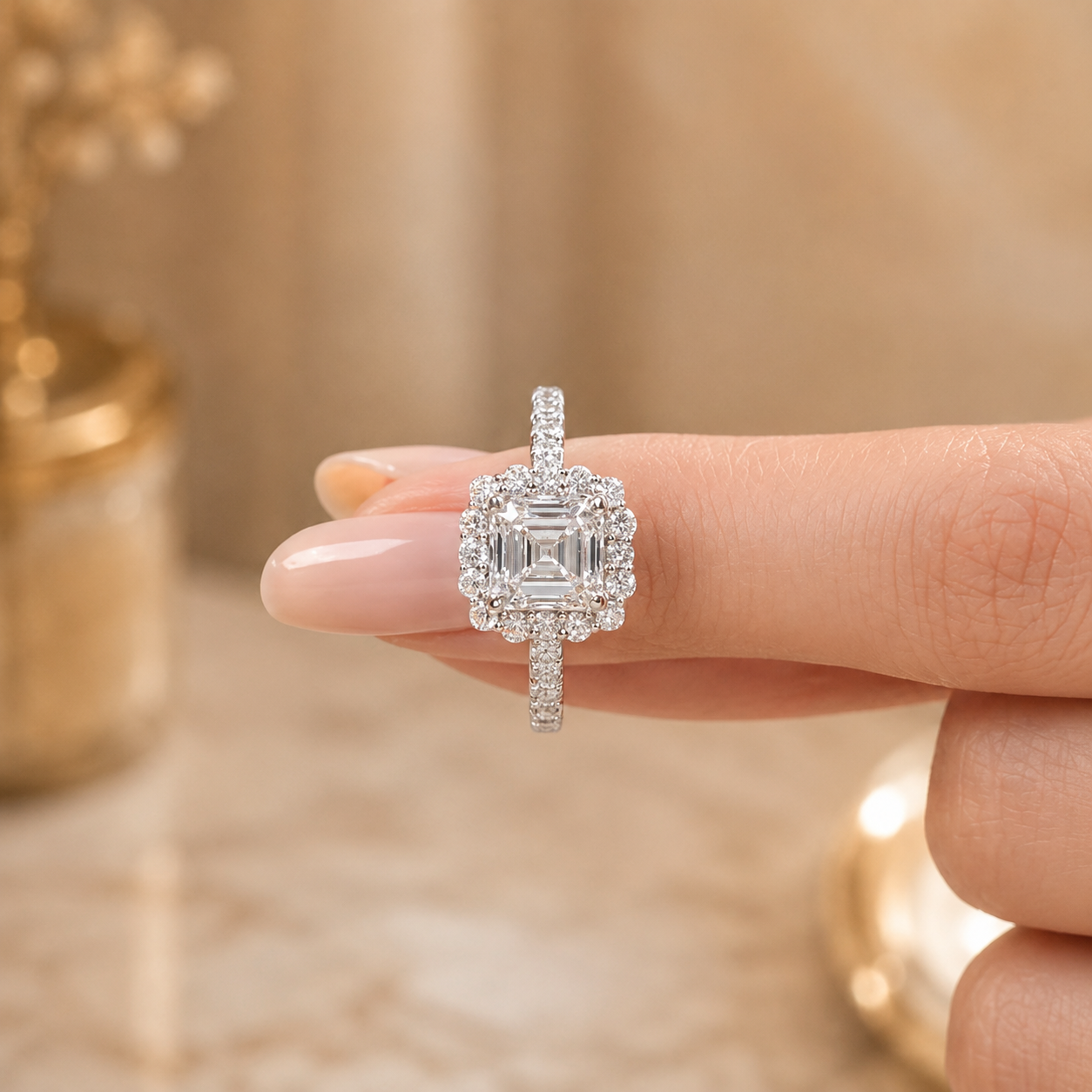 3.00 CT Asscher Cut Lab-Grown Diamond Halo Engagement Ring in 14K White Gold – Conflict-Free Luxury Design