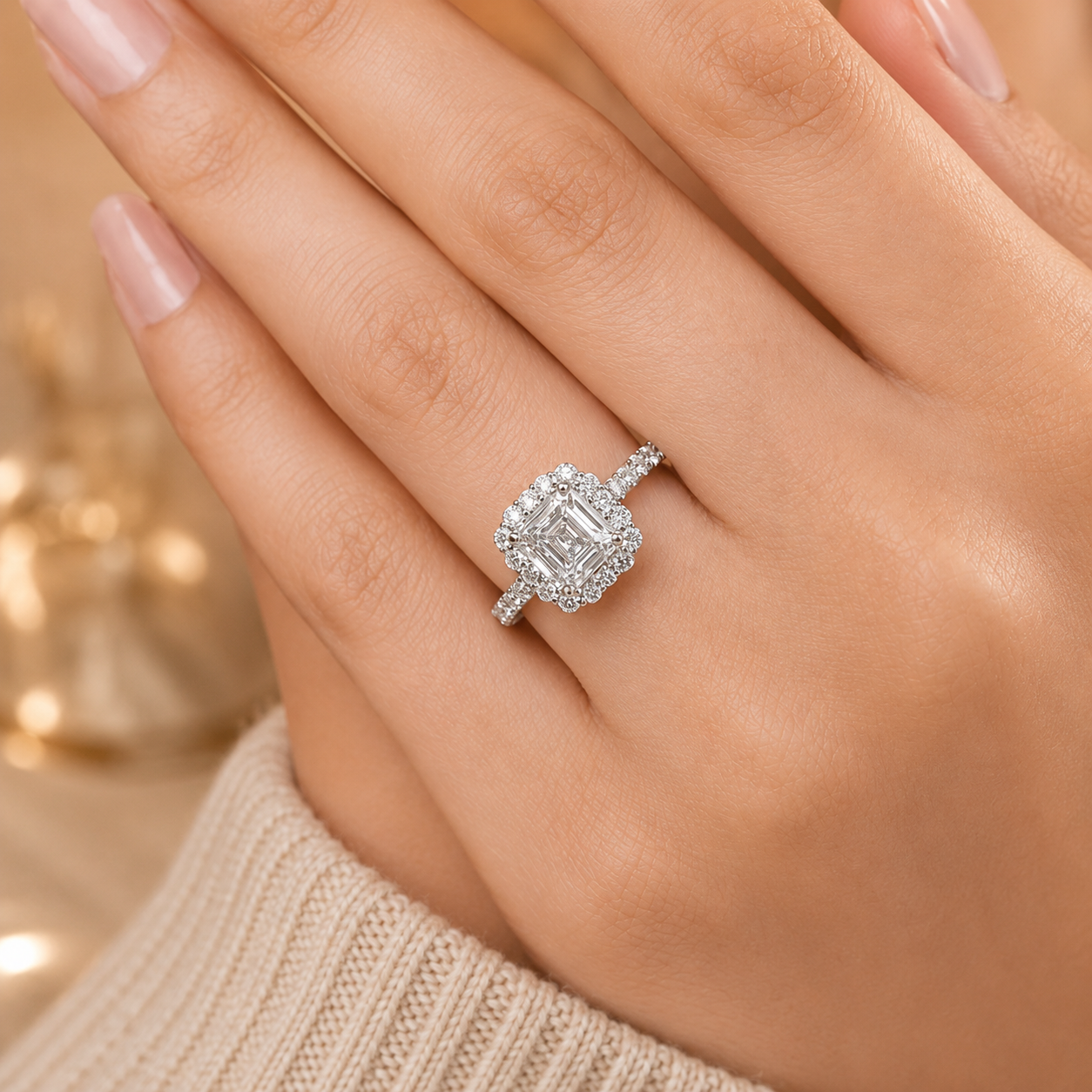 3.00 CT Asscher Cut Lab-Grown Diamond Halo Engagement Ring in 14K White Gold – Conflict-Free Luxury Design