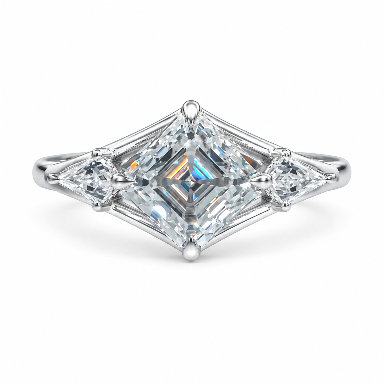 3.00 CT Asscher Cut Lab-Grown Diamond Three Stone Engagement Ring in 14K White Gold – Split Shank Kite Side Stone Design