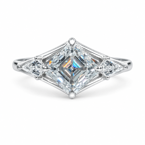 3.00 CT Asscher Cut Lab-Grown Diamond Three Stone Engagement Ring in 14K White Gold – Split Shank Kite Side Stone Design