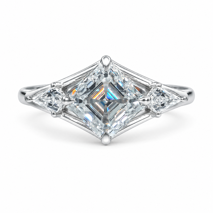3.00 CT Asscher Cut Lab-Grown Diamond Three Stone Engagement Ring in 14K White Gold – Split Shank Kite Side Stone Design