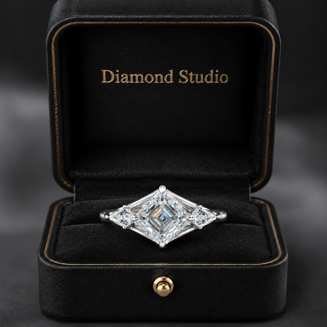 3.00 CT Asscher Cut Lab-Grown Diamond Three Stone Engagement Ring in 14K White Gold – Split Shank Kite Side Stone Design