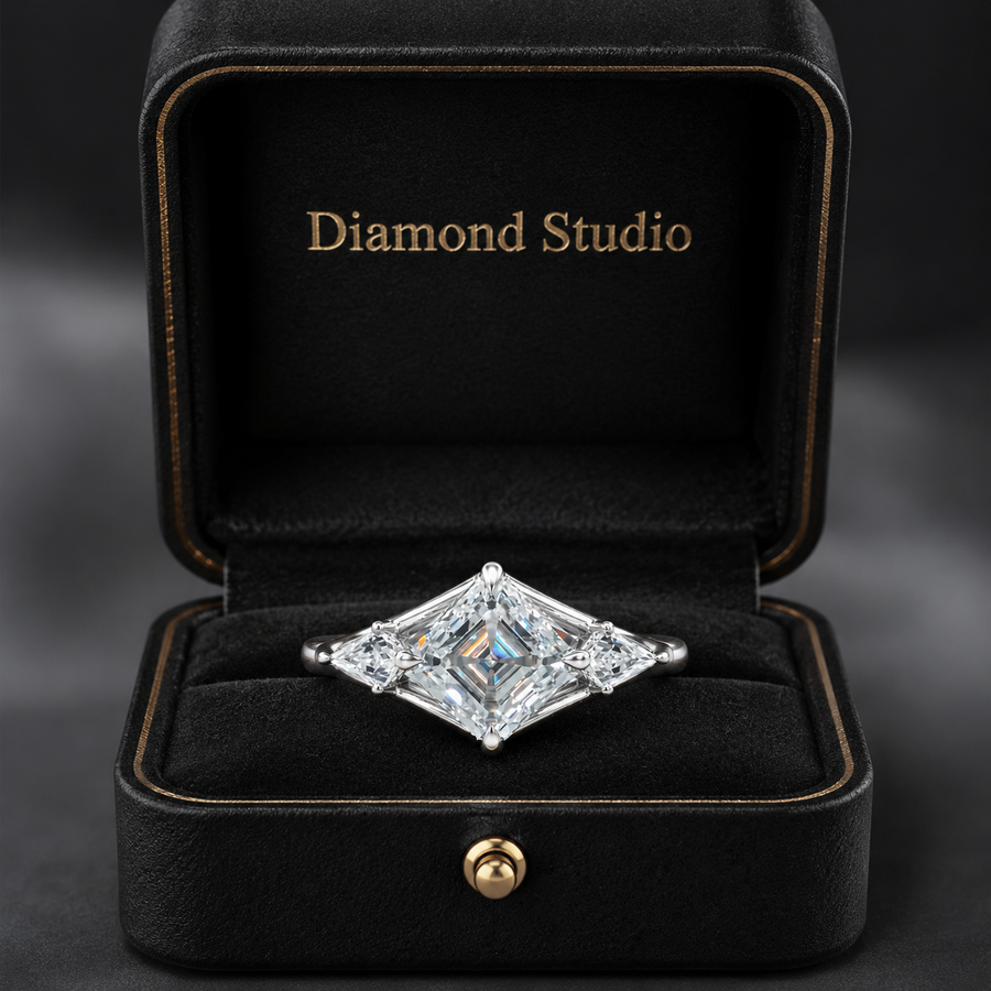 3.00 CT Asscher Cut Lab-Grown Diamond Three Stone Engagement Ring in 14K White Gold – Split Shank Kite Side Stone Design