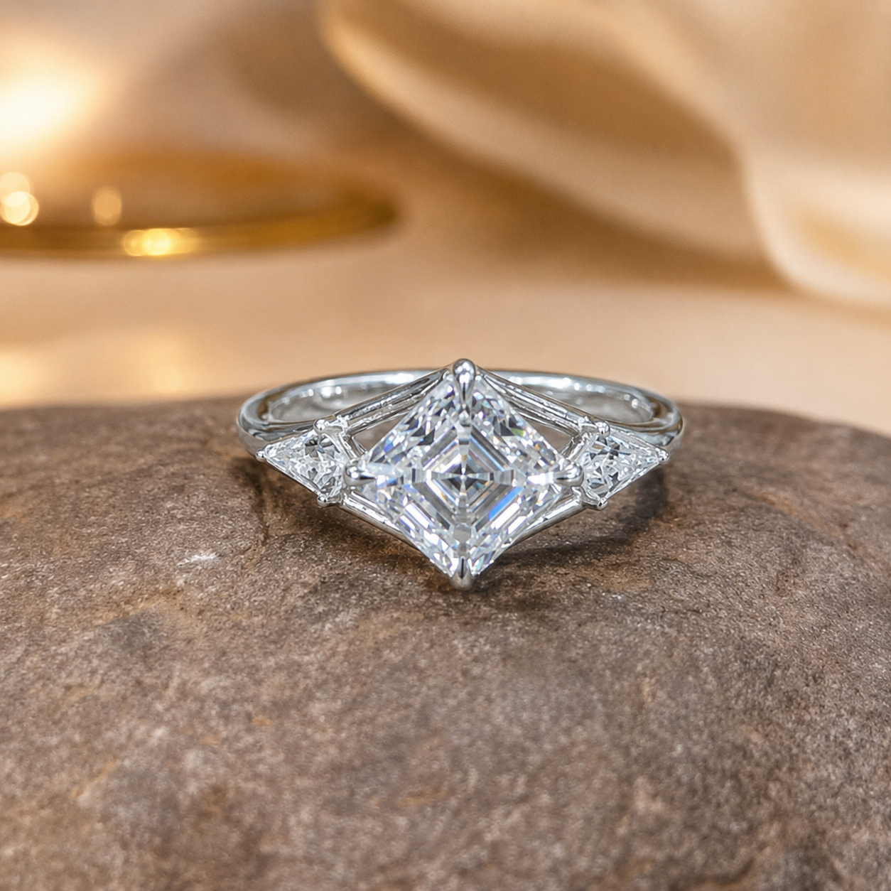 3.00 CT Asscher Cut Lab-Grown Diamond Three Stone Engagement Ring in 14K White Gold – Split Shank Kite Side Stone Design