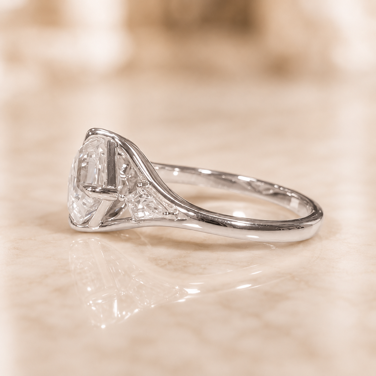 3.00 CT Asscher Cut Lab-Grown Diamond Three Stone Engagement Ring in 14K White Gold – Split Shank Kite Side Stone Design