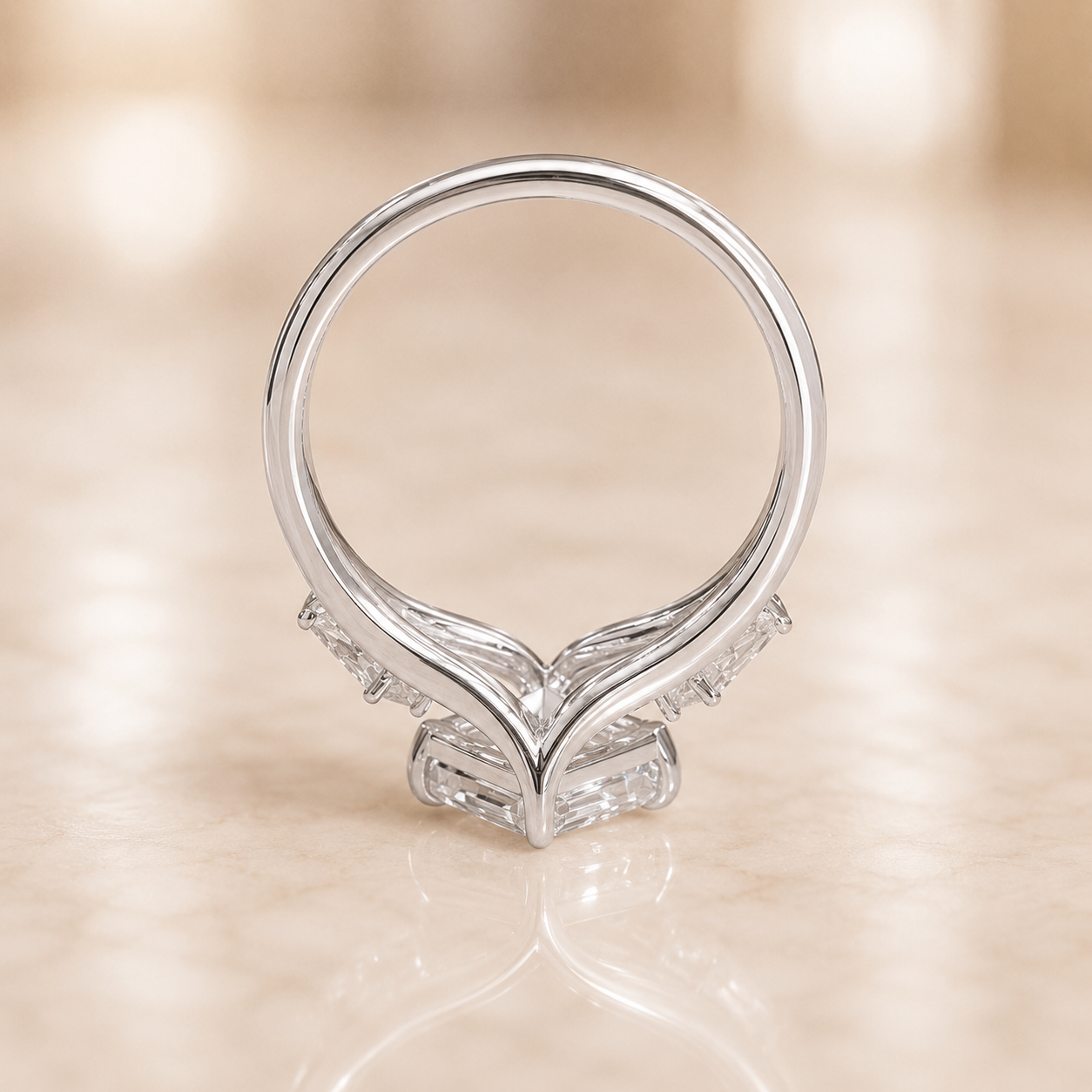 3.00 CT Asscher Cut Lab-Grown Diamond Three Stone Engagement Ring in 14K White Gold – Split Shank Kite Side Stone Design