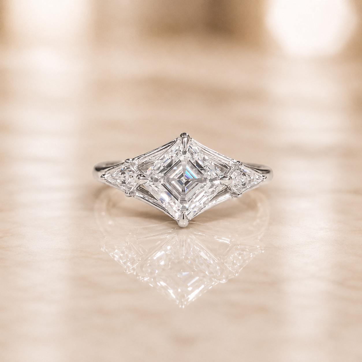 3.00 CT Asscher Cut Lab-Grown Diamond Three Stone Engagement Ring in 14K White Gold – Split Shank Kite Side Stone Design