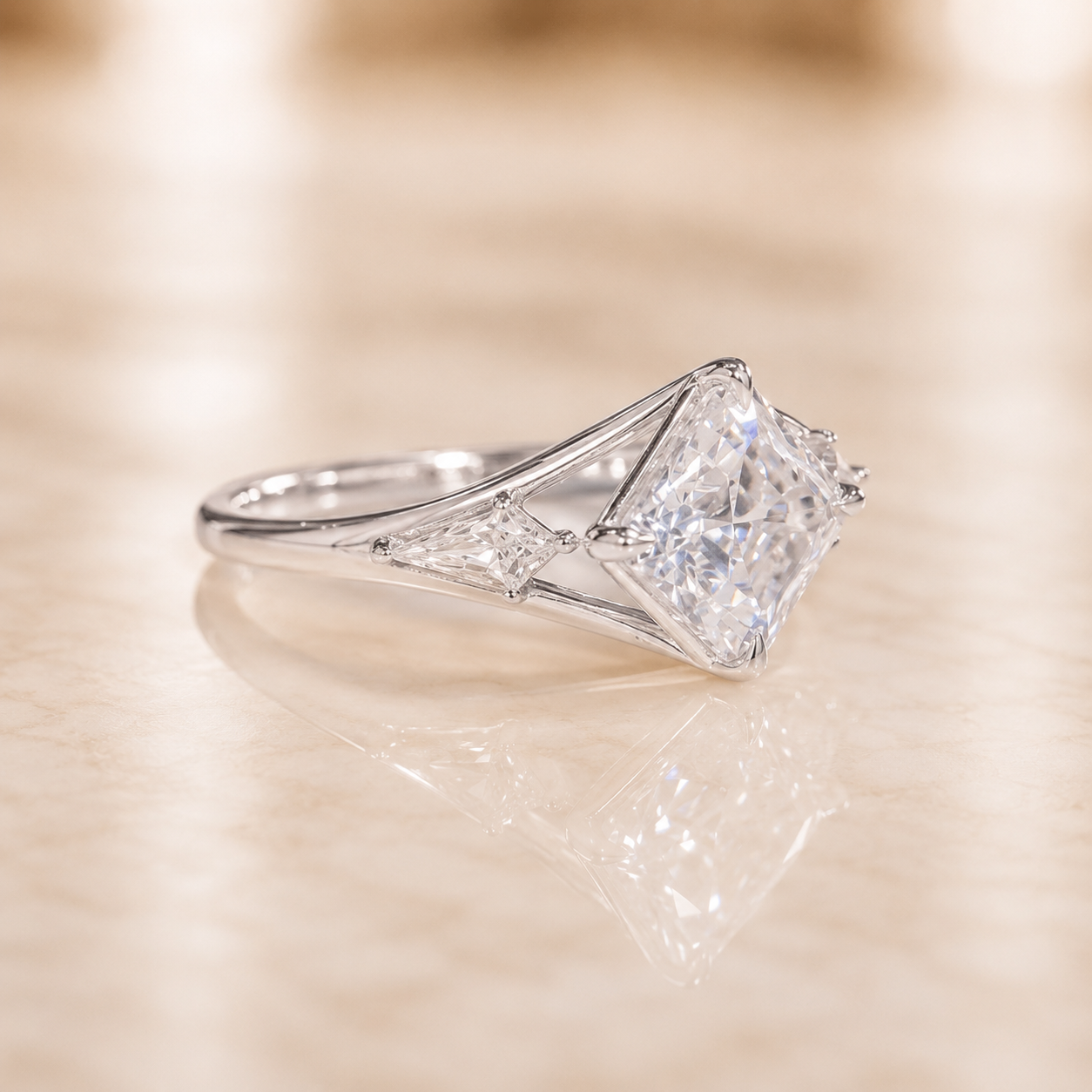 3.00 CT Asscher Cut Lab-Grown Diamond Three Stone Engagement Ring in 14K White Gold – Split Shank Kite Side Stone Design