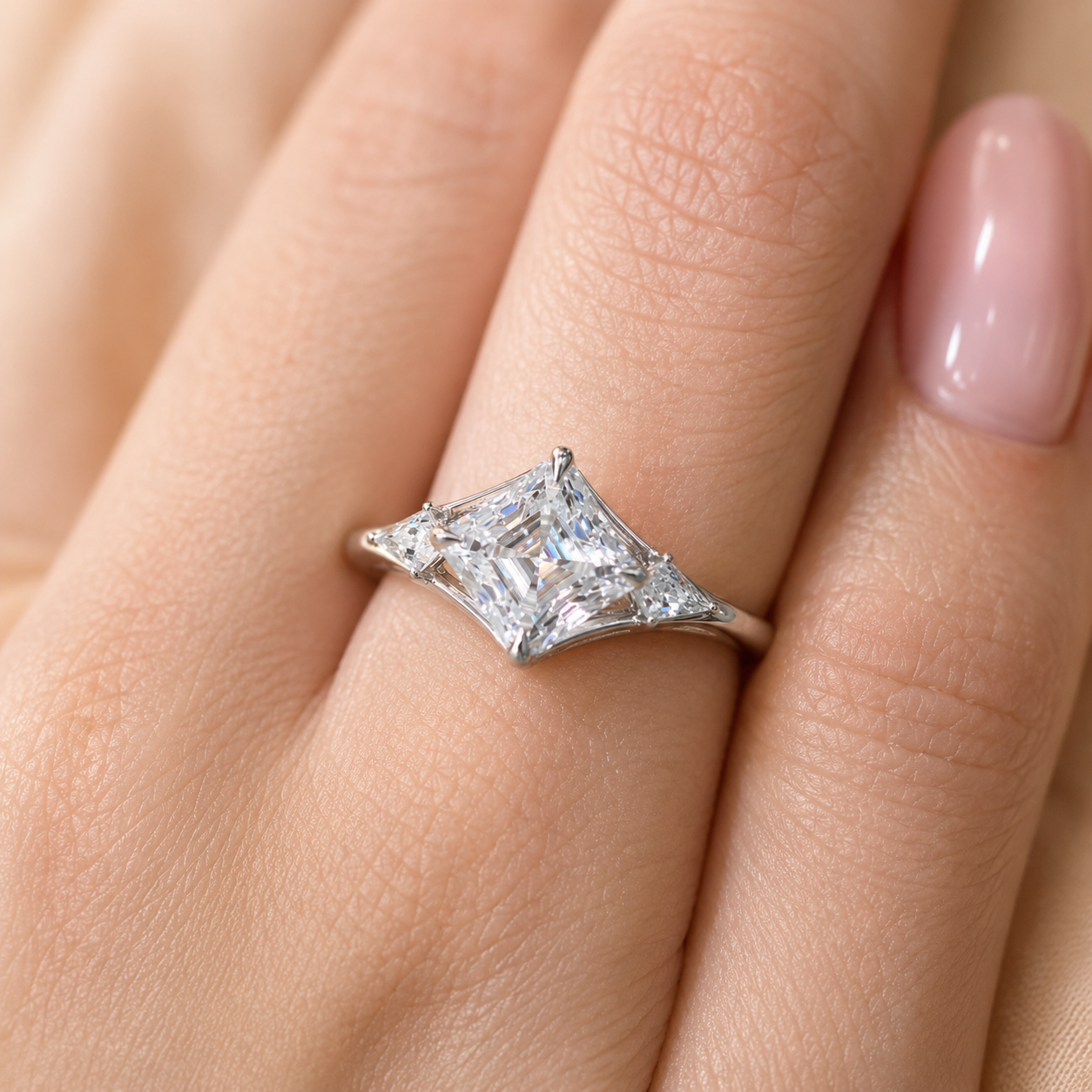 3.00 CT Asscher Cut Lab-Grown Diamond Three Stone Engagement Ring in 14K White Gold – Split Shank Kite Side Stone Design