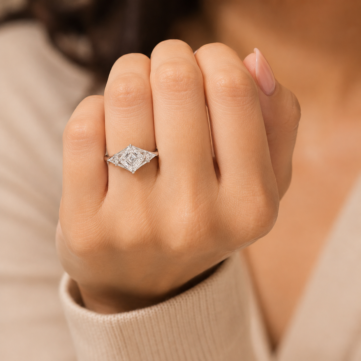 3.00 CT Asscher Cut Lab-Grown Diamond Three Stone Engagement Ring in 14K White Gold – Split Shank Kite Side Stone Design