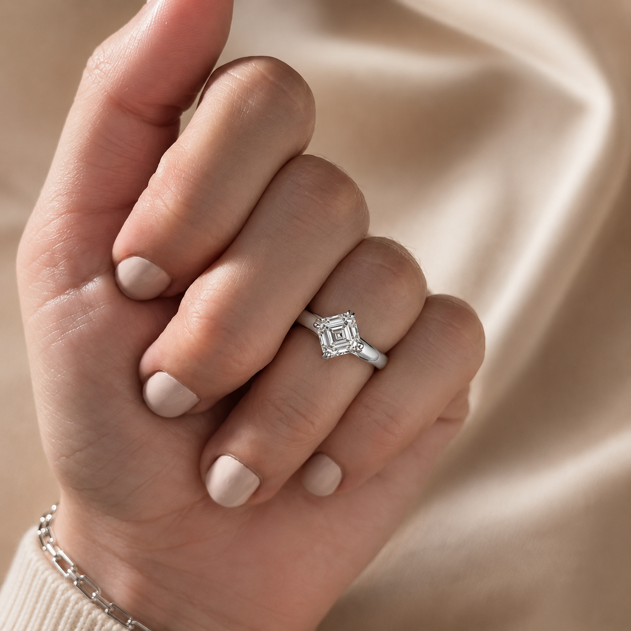 2.00 CT Asscher Cut Lab-Grown Diamond Solitaire Engagement Ring in 14K White Gold – Double Claw Prong Step Cut Design