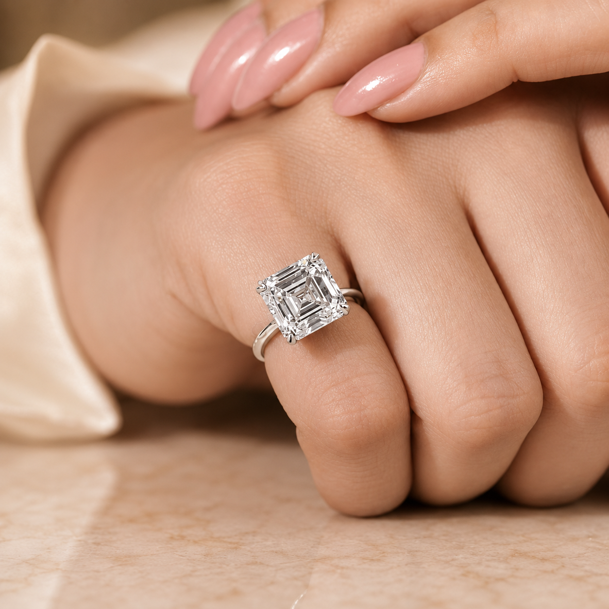 4.50 CT Asscher Cut Lab-Grown Diamond Solitaire Engagement Ring in 14K White Gold – Classic Art Deco Design