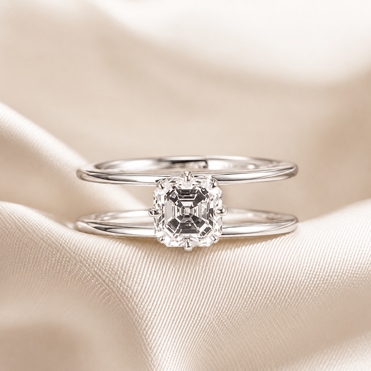 2.00 CT Asscher Cut Lab-Grown Diamond Solitaire Engagement Ring in 14K White Gold – Modern Double Band Design