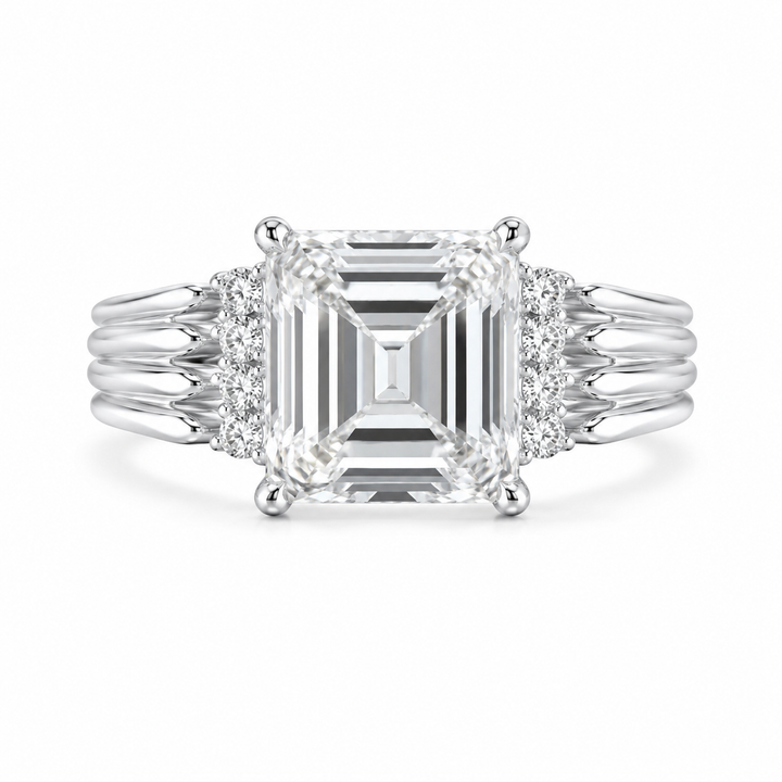 3.00 CT Asscher Cut Lab-Grown Diamond Engagement Ring in 14K White Gold – Vintage Art Deco Statement Ring with Side Diamonds