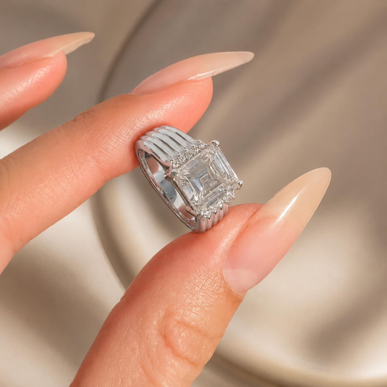 3.00 CT Asscher Cut Lab-Grown Diamond Engagement Ring in 14K White Gold – Vintage Art Deco Statement Ring with Side Diamonds