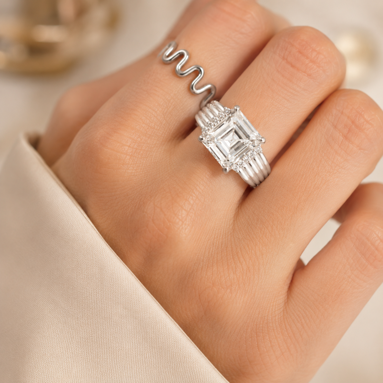 3.00 CT Asscher Cut Lab-Grown Diamond Engagement Ring in 14K White Gold – Vintage Art Deco Statement Ring with Side Diamonds