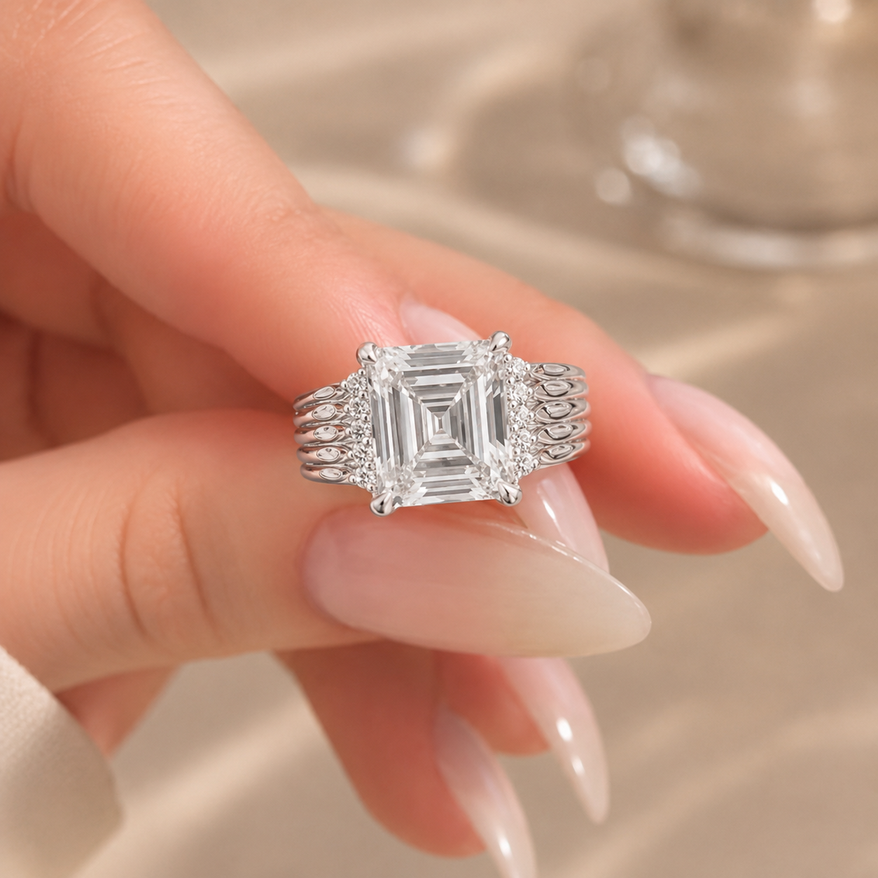 3.00 CT Asscher Cut Lab-Grown Diamond Engagement Ring in 14K White Gold – Vintage Art Deco Statement Ring with Side Diamonds
