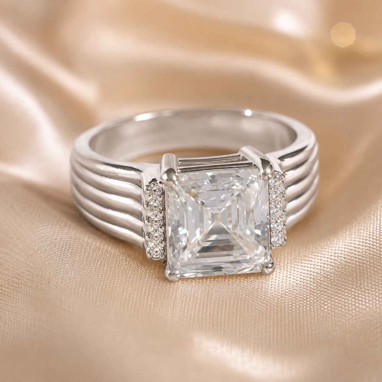 3.00 CT Asscher Cut Lab-Grown Diamond Engagement Ring in 14K White Gold – Vintage Art Deco Statement Ring with Side Diamonds