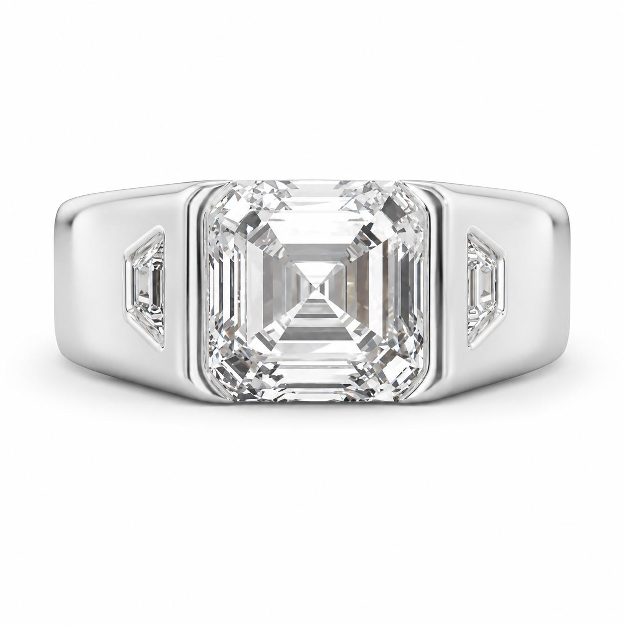 3.00 CT Asscher Cut Lab-Grown Diamond Men's Signet Ring in 14K White Gold – Bold Hip Hop Statement Ring with Side Diamonds