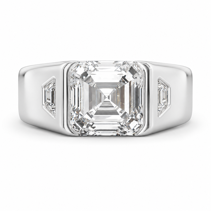 Silver ring with a large diamond on a white background