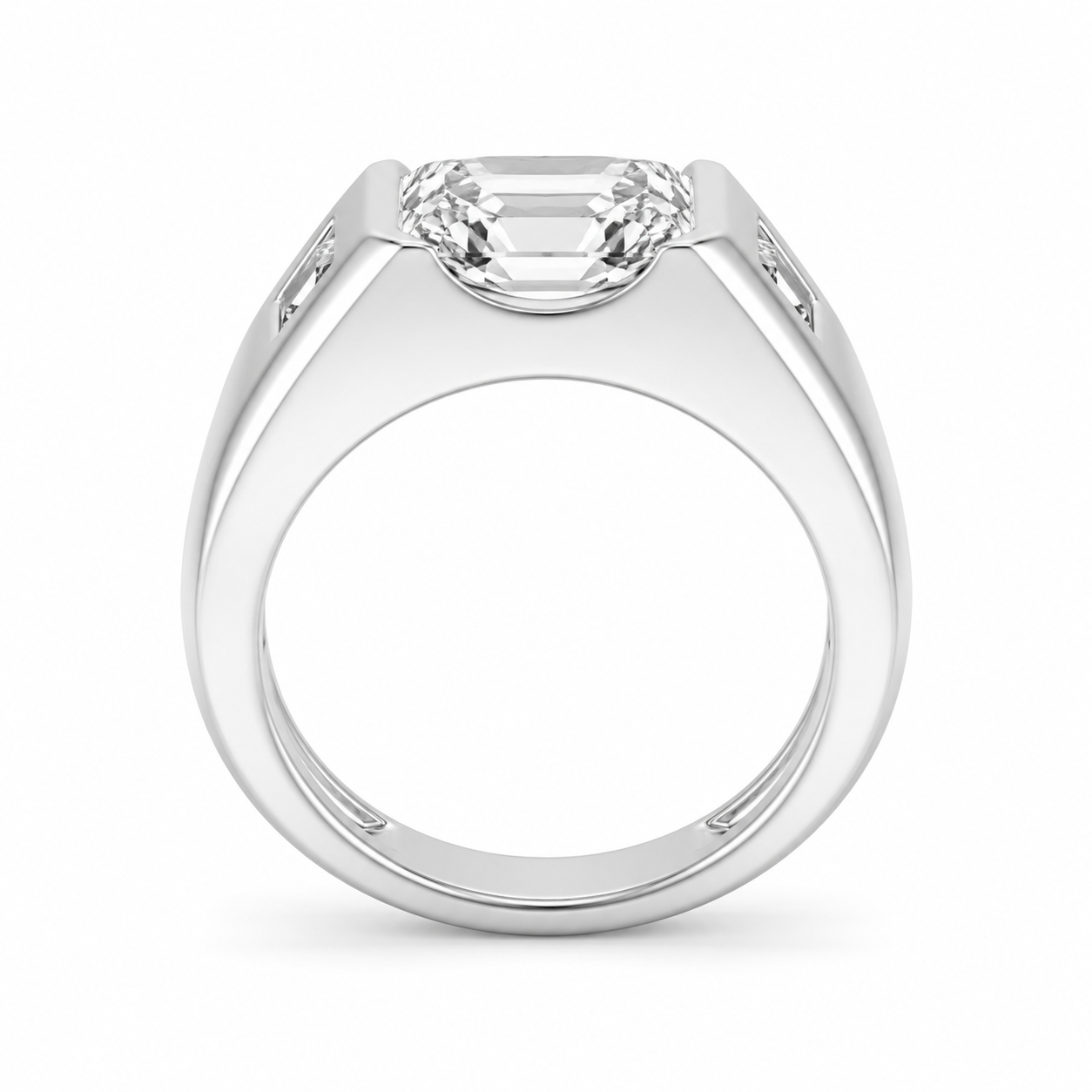 3.00 CT Asscher Cut Lab-Grown Diamond Men's Signet Ring in 14K White Gold – Bold Hip Hop Statement Ring with Side Diamonds