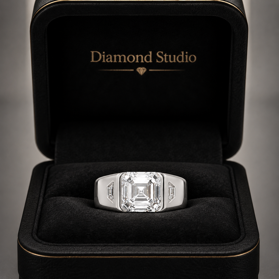 3.00 CT Asscher Cut Lab-Grown Diamond Men's Signet Ring in 14K White Gold – Bold Hip Hop Statement Ring with Side Diamonds