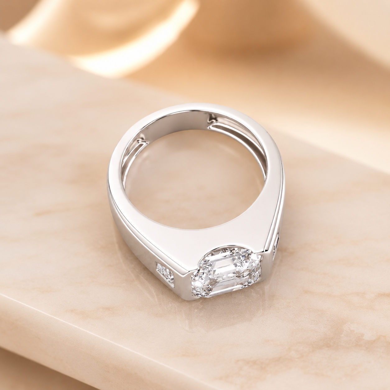 3.00 CT Asscher Cut Lab-Grown Diamond Men's Signet Ring in 14K White Gold – Bold Hip Hop Statement Ring with Side Diamonds