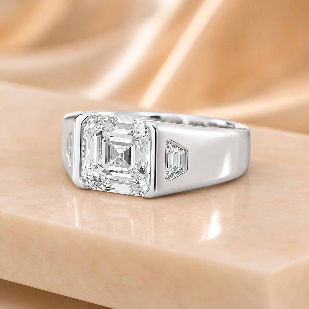 3.00 CT Asscher Cut Lab-Grown Diamond Men's Signet Ring in 14K White Gold – Bold Hip Hop Statement Ring with Side Diamonds