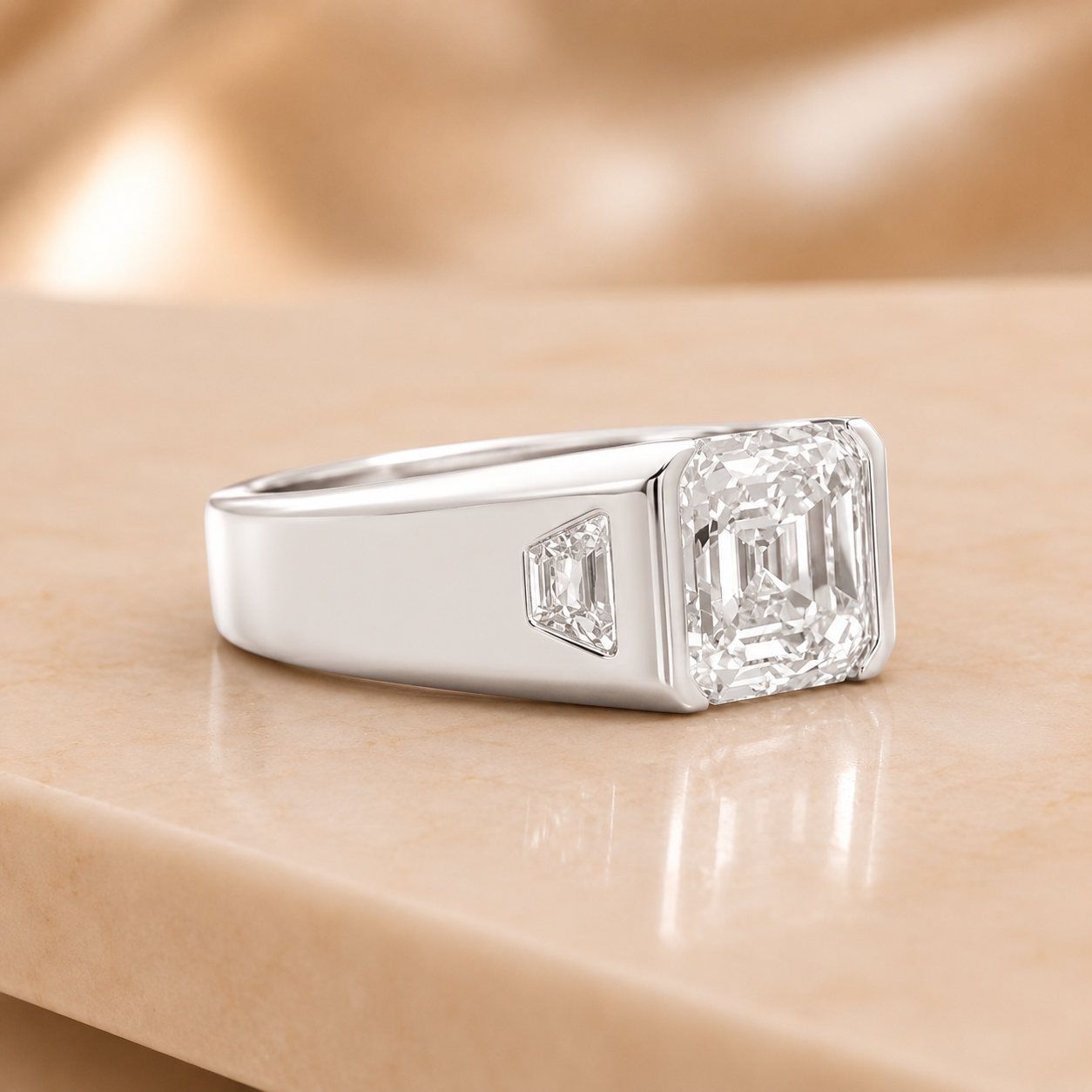 3.00 CT Asscher Cut Lab-Grown Diamond Men's Signet Ring in 14K White Gold – Bold Hip Hop Statement Ring with Side Diamonds