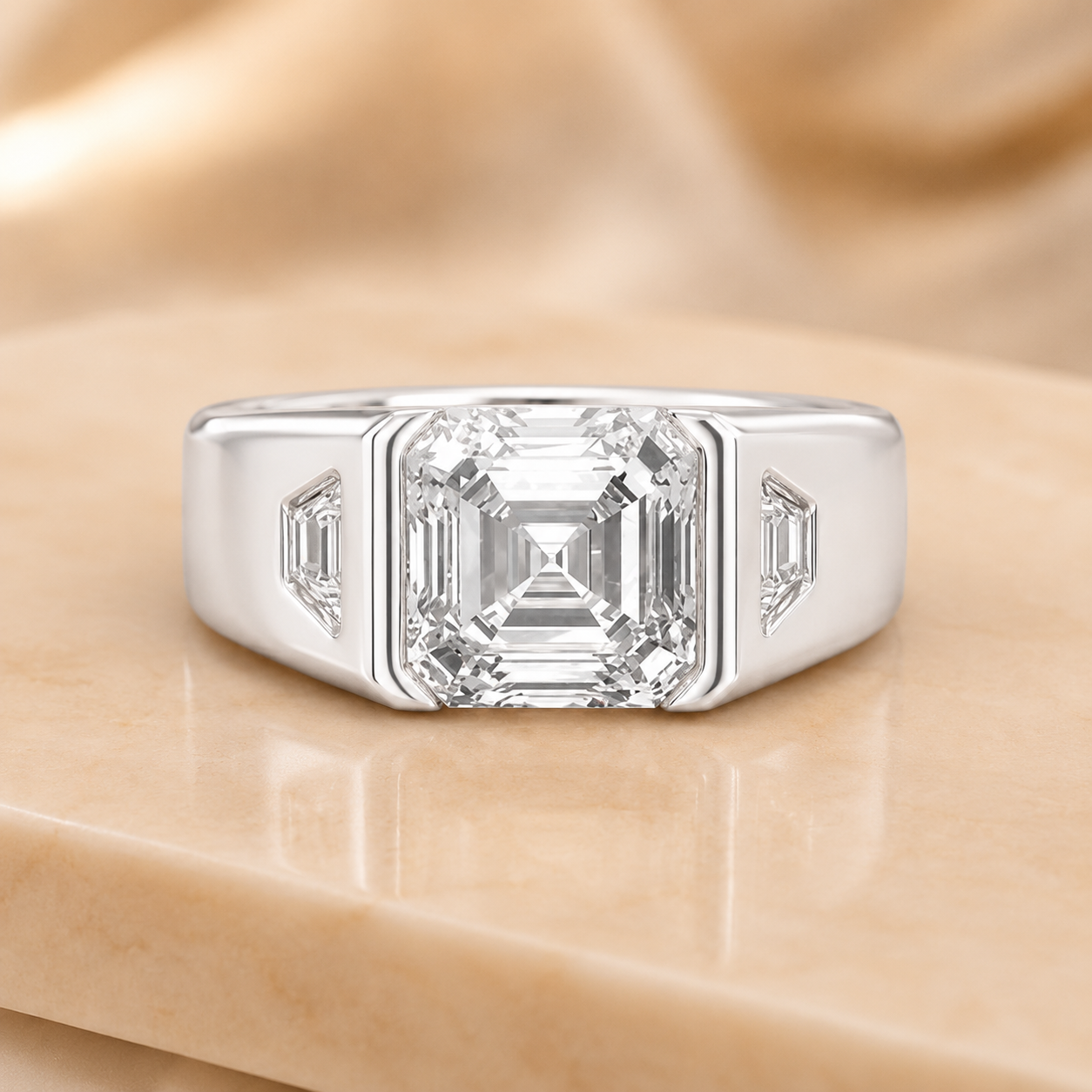 3.00 CT Asscher Cut Lab-Grown Diamond Men's Signet Ring in 14K White Gold – Bold Hip Hop Statement Ring with Side Diamonds