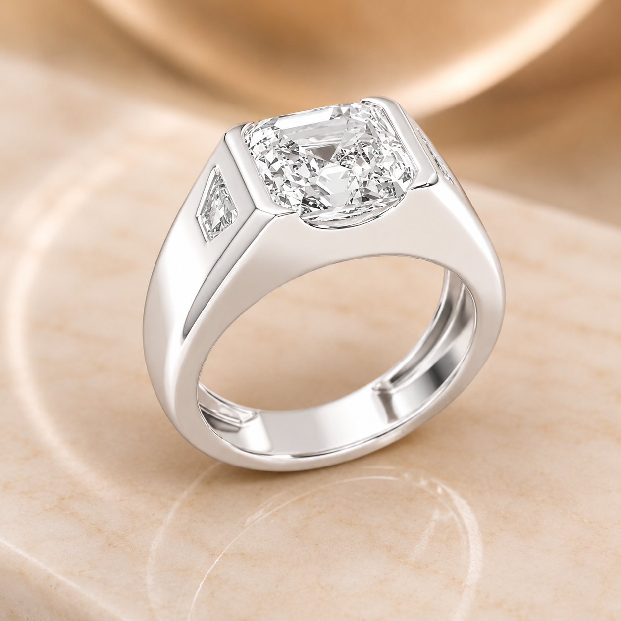 3.00 CT Asscher Cut Lab-Grown Diamond Men's Signet Ring in 14K White Gold – Bold Hip Hop Statement Ring with Side Diamonds