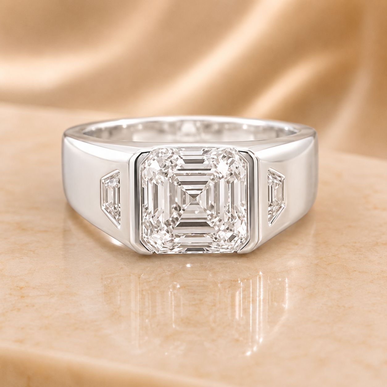 3.00 CT Asscher Cut Lab-Grown Diamond Men's Signet Ring in 14K White Gold – Bold Hip Hop Statement Ring with Side Diamonds