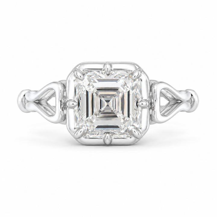3.50 CT Asscher Cut Lab-Grown Diamond Solitaire Engagement Ring in White Gold – Georgian Button Back Design | IGI Certified