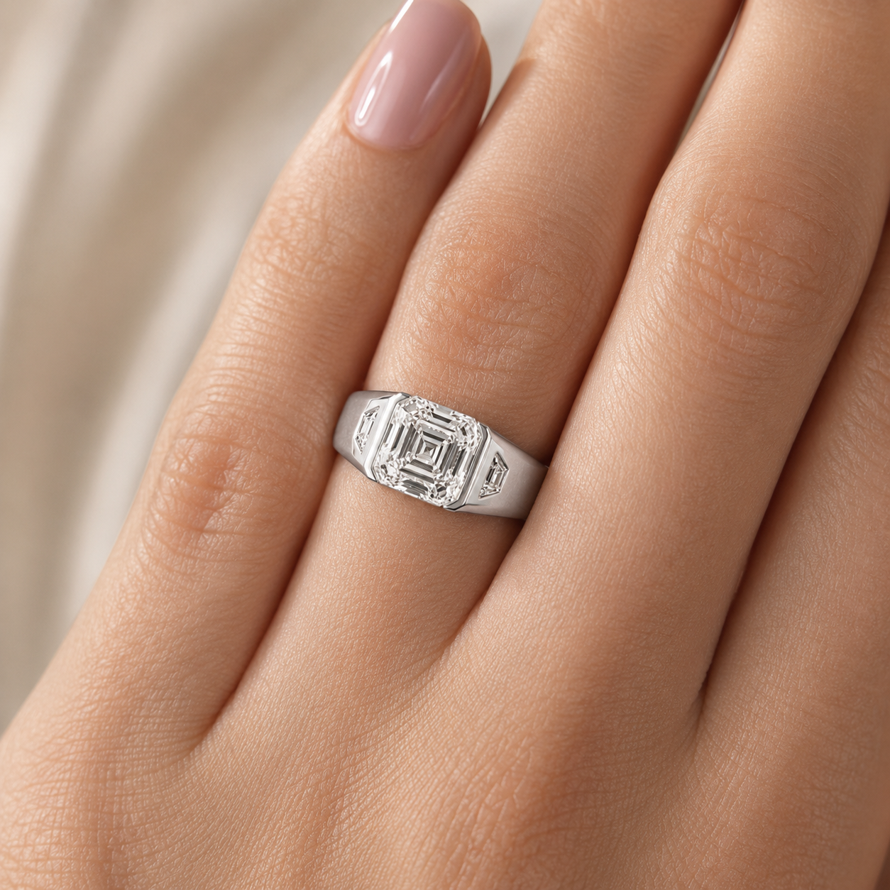 3.00 CT Asscher Cut Lab-Grown Diamond Men's Signet Ring in 14K White Gold – Bold Hip Hop Statement Ring with Side Diamonds