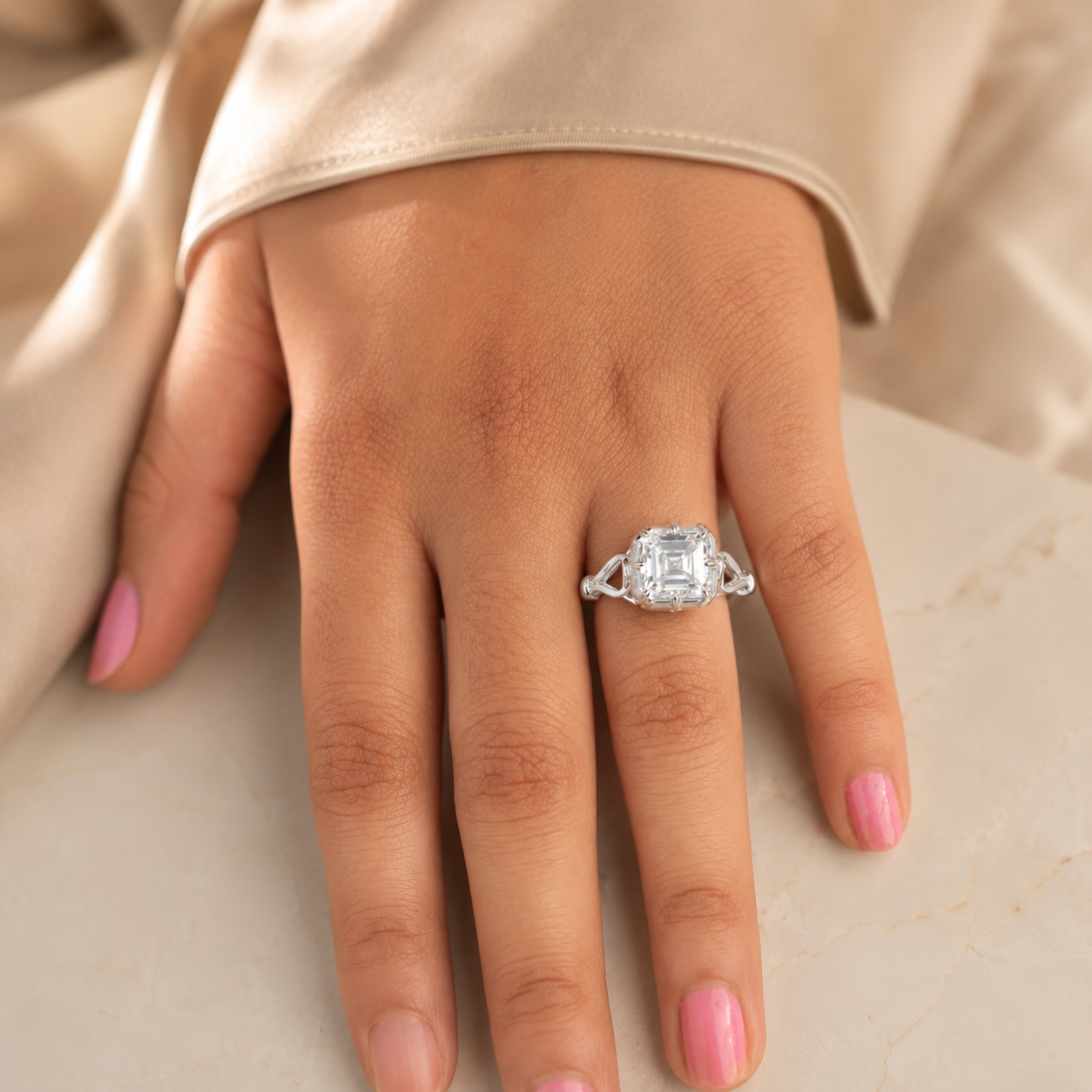 3.50 CT Asscher Cut Lab-Grown Diamond Solitaire Engagement Ring in 14K White Gold – Georgian Button Back Design | IGI Certified