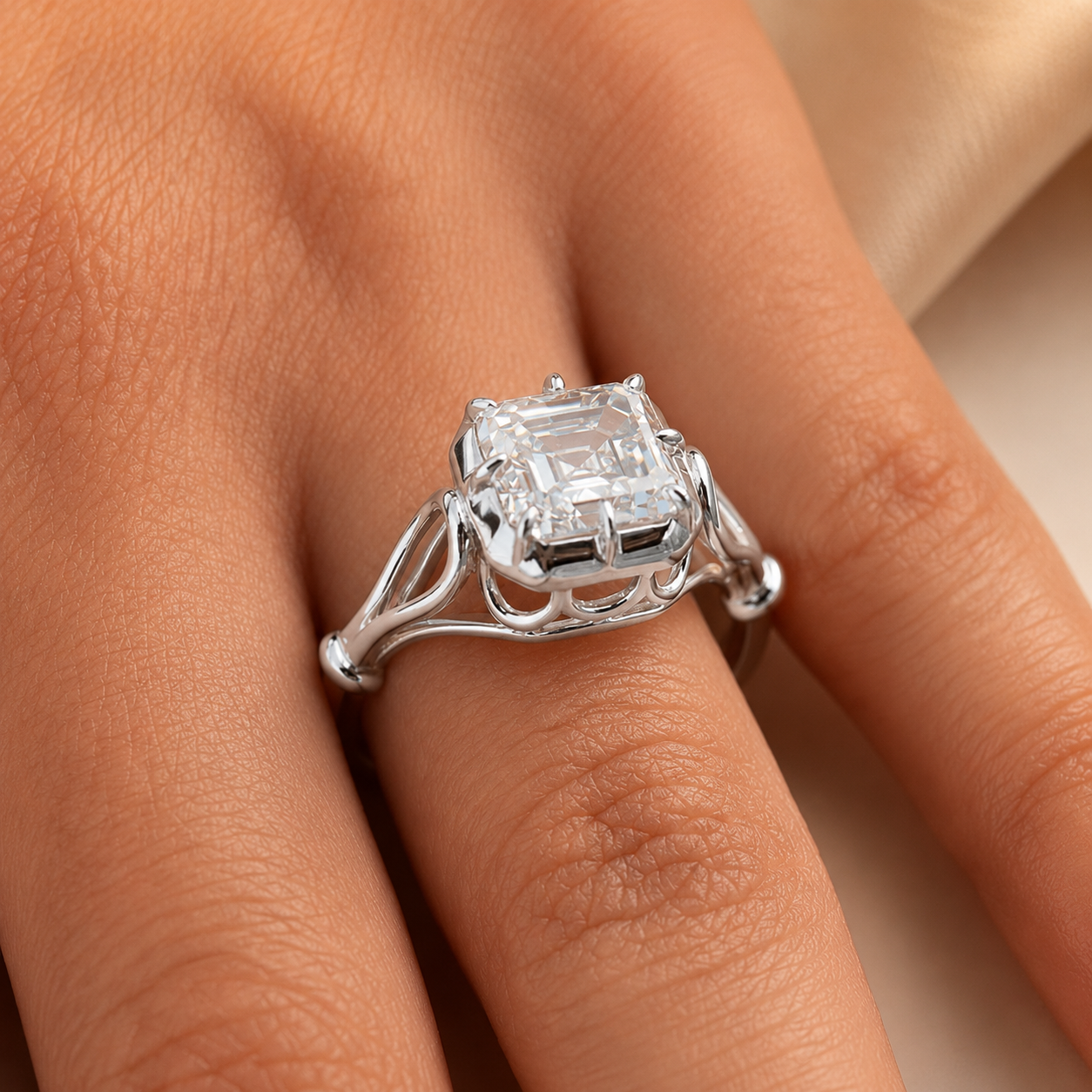 3.50 CT Asscher Cut Lab-Grown Diamond Solitaire Engagement Ring in 14K White Gold – Georgian Button Back Design | IGI Certified