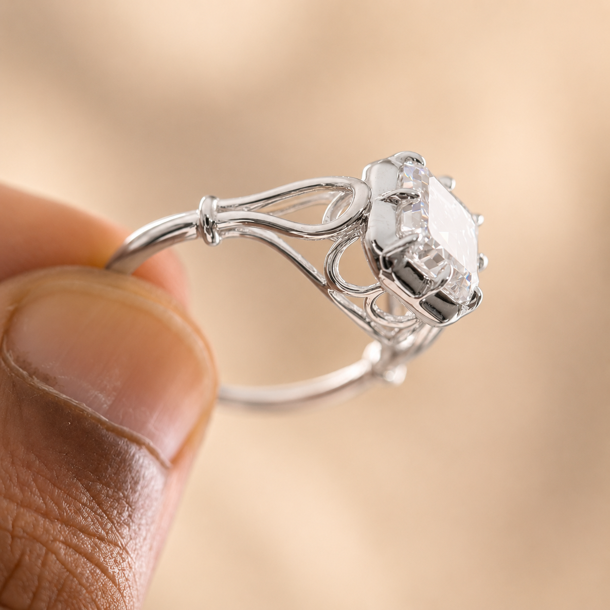3.50 CT Asscher Cut Lab-Grown Diamond Solitaire Engagement Ring in 14K White Gold – Georgian Button Back Design | IGI Certified
